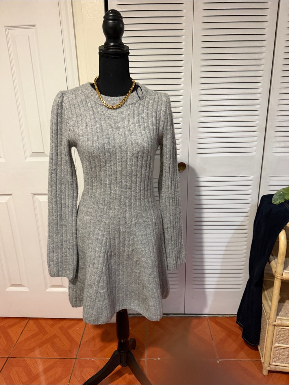 Divided Gray Ribbed Long-Sleeve Fit-and-Flare Knit Dress